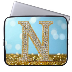 Capa Para Notebook Letra N de Diamante de Luxo em Fundo de Brilho Dou