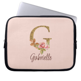 Capa Para Notebook Letra personalizada G dourado com rosas cor de ros