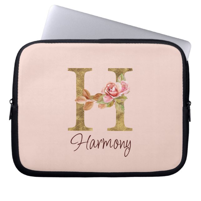 Capa Para Notebook Letra Personalizada H Folha Dourada Rosas Rosa Des (Frente)
