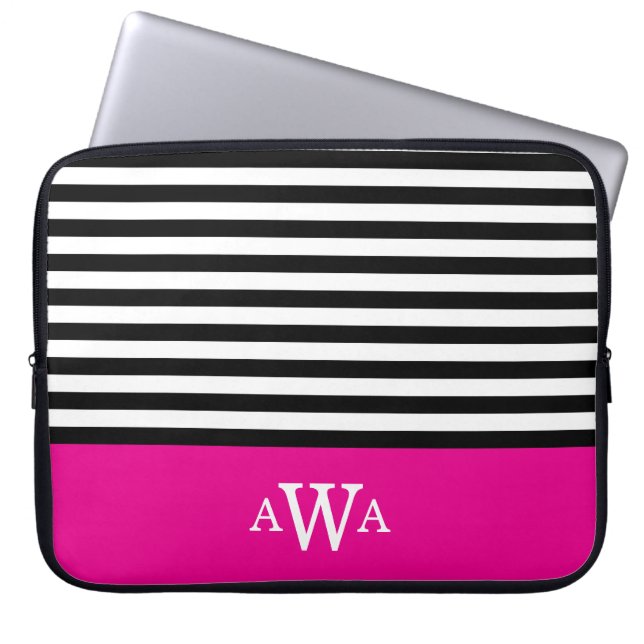Capa Para Notebook Letra Tripla Monograma Fuchsia Black Stripes (Frente)