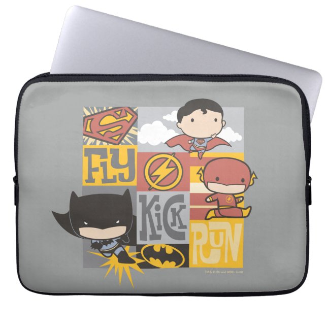 Capa Para Notebook Liga da Justiça Chibi | Voar, Chutar, Correr (Frente)