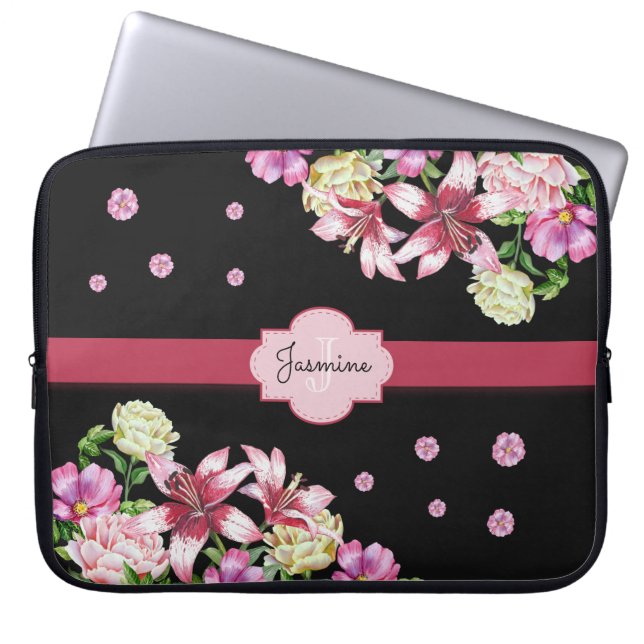 Capa Para Notebook Lily e Peony Floral Black (Frente)