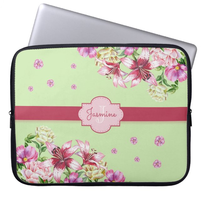 Capa Para Notebook Lily & Peony Floral Mint Green (Frente)