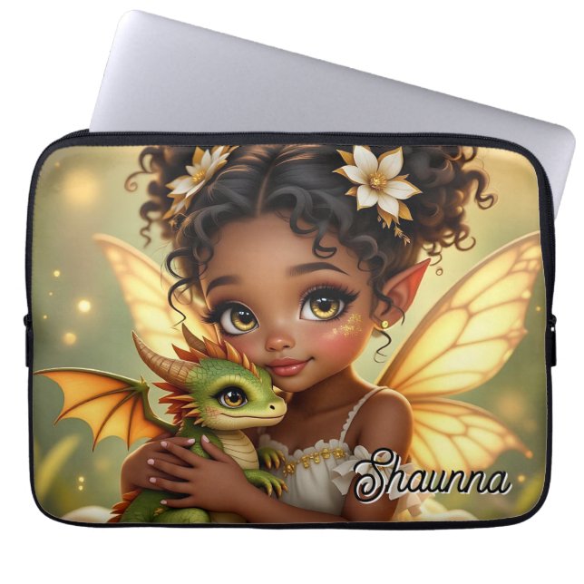 Capa Para Notebook Linda Garota Fada de Anime e Dragão Chibi (Frente)