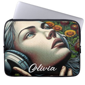 Capa Para Notebook Linda mulher com Fones de ouvido em girassóis