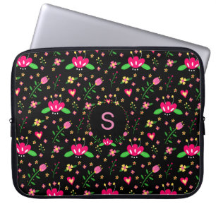 Capa Para Notebook Lindo Floral Rosa no Monograma Preto