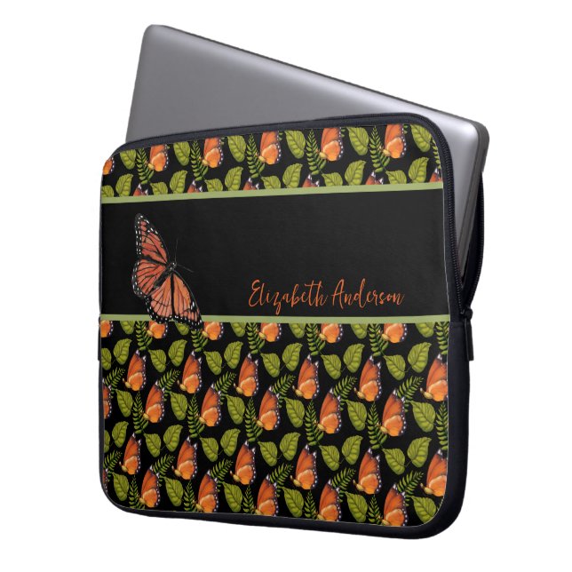 Capa Para Notebook Lindo Padrão de Borboleta Laranja com Nome (Frente Esquerda)
