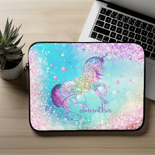 Capa Para Notebook Lindo unicórnio rosa Glitter arco-íris monograma a