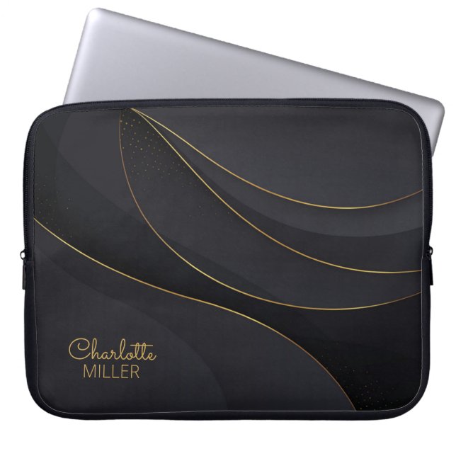 Capa Para Notebook Linhas de Abstrato Dourado preto com nome personal (Frente)