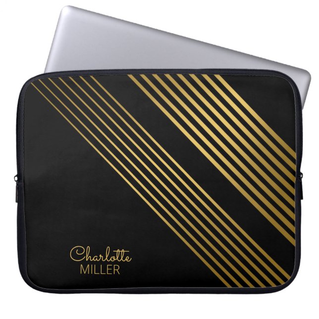 Capa Para Notebook Linhas de Abstrato Dourado preto elegantes e nome  (Frente)