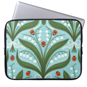 Capa Para Notebook Lírio-do-vale e joaninhas simetria em verde,