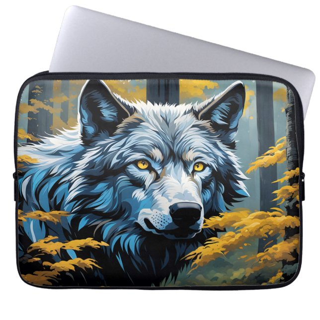 Capa Para Notebook Lobo cinza na Floresta Ouro (Frente)
