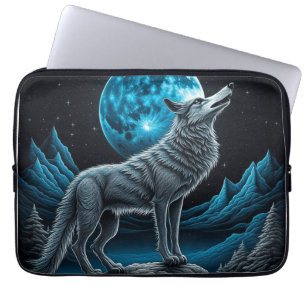 Capa Para Notebook Lobo em frente à lua cheia   arte AI