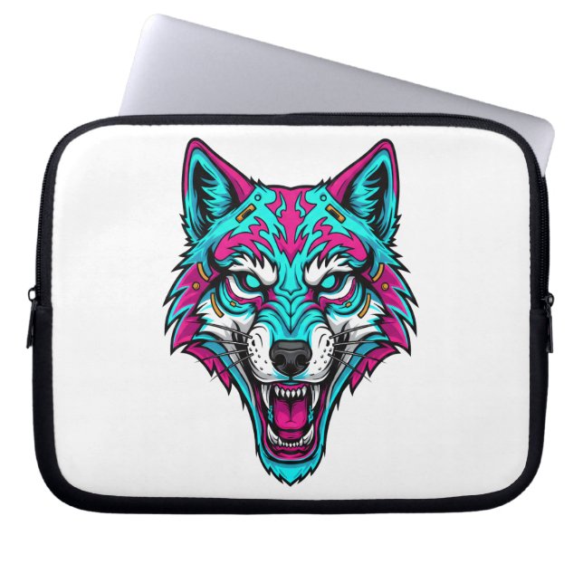 Capa Para Notebook Lobo Neon Cyberpunk - Animal Robótico Synthwave (Frente)