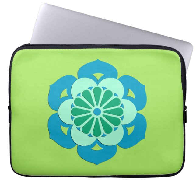 Capa Para Notebook Lotus Flower Mandala, Verde limão e Azul Claro (Frente)