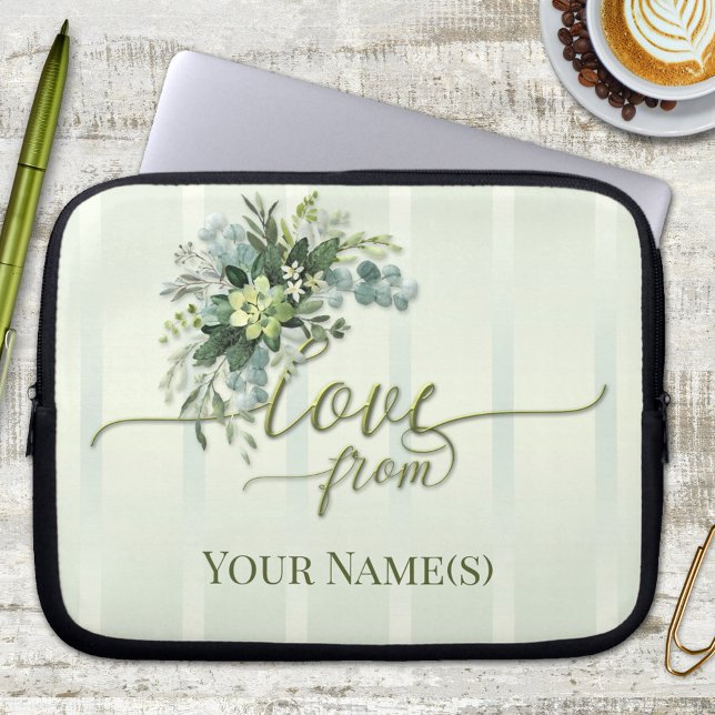 Capa Para Notebook Love Greenery Script Bolsa de laptop (Elegant floral striped watercolor personalized laptop sleeve with  script text)