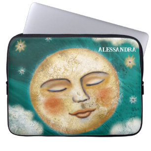 Capa Para Notebook Lua Dormindo com estrelas Teal Personalizadas