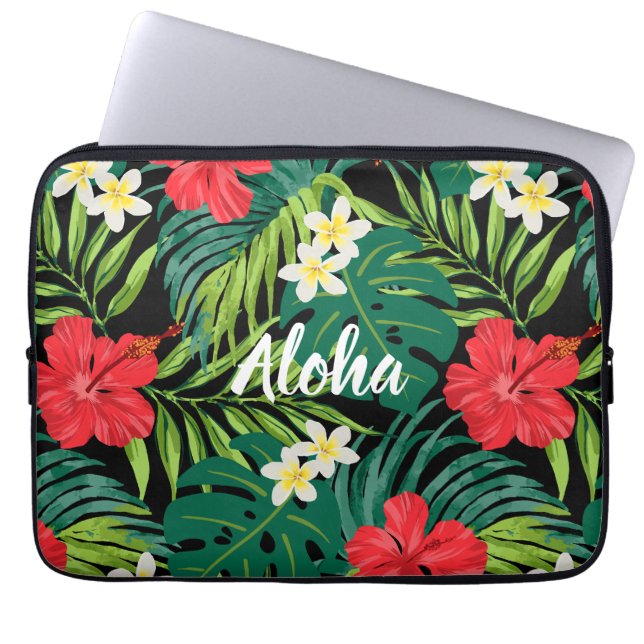 Capa Para Notebook Luna Hibiscus Garden Havaiana - Vermelho e Negro (Frente)