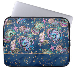 Capa Para Notebook Luxo azul subaquático   Pás Douradas