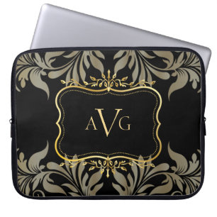 Capa Para Notebook Luxo Black Damask com moldura dourada