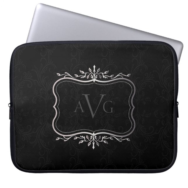 Capa Para Notebook Luxo Black Damask com moldura prateada antiga (Frente)