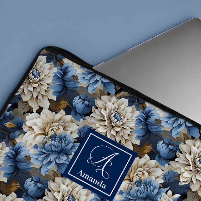 Capa Para Notebook Luxo Flores Navy Azuis Estojo Capinha para Laptop (Luxury Navy Flowers Blue Floral Laptop Sleeve Case)
