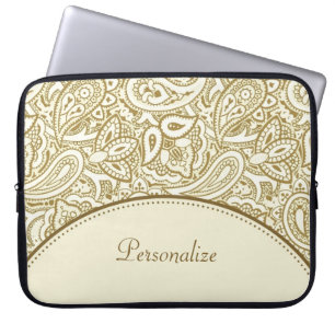 Capa Para Notebook Luxury Dourado e Ivory Paisley Damask com Nome