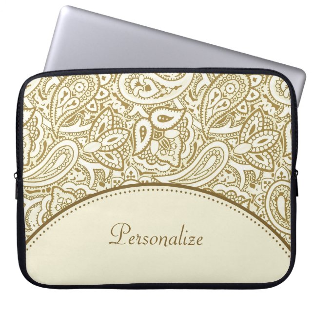 Capa Para Notebook Luxury Dourado e Ivory Paisley Damask com Nome (Frente)