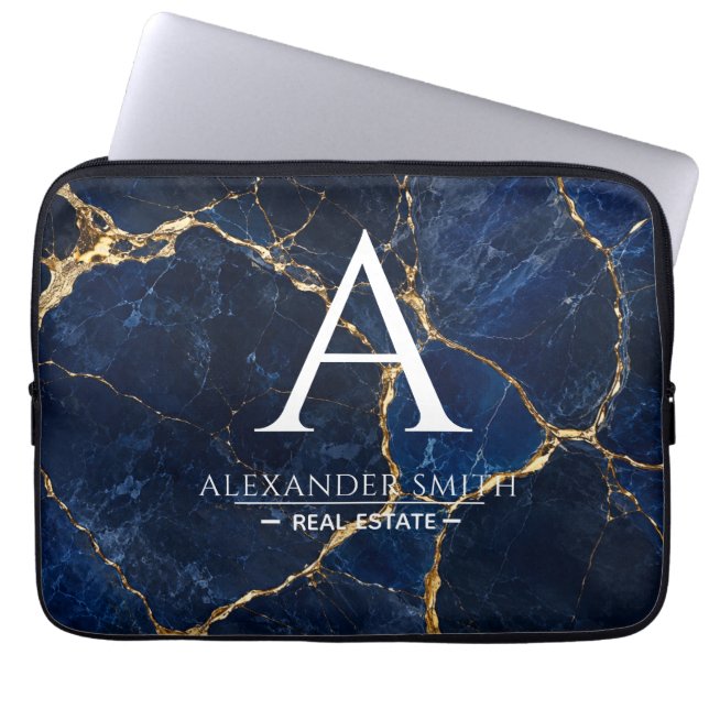Capa Para Notebook Luxury Navy Marble Gold Monogram Business Branding (Frente)