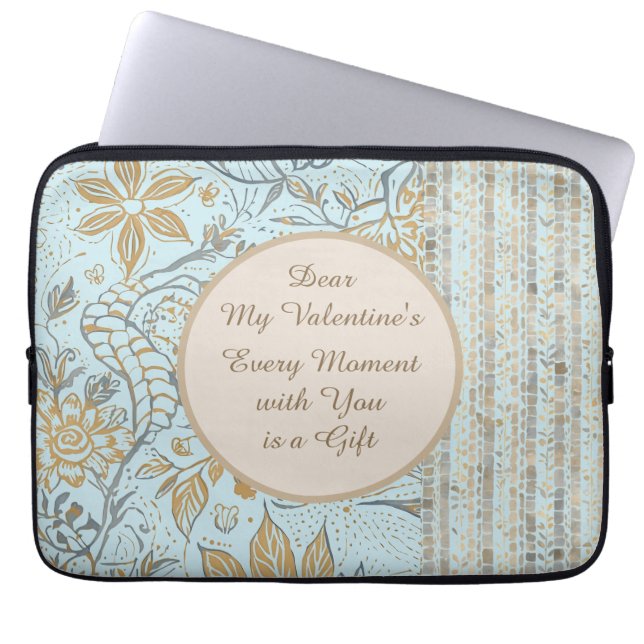 Capa Para Notebook Luxury, Valentine's Day,Gold Soft Blue Flowers Art (Frente)