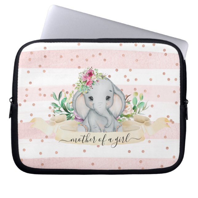 Capa Para Notebook Mãe de Garota - Elefante Bebê e Flores  (Frente)