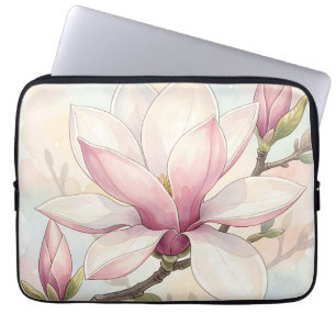 Capa Para Notebook Magnólia Rosa Delicada em Aquarela em Flor