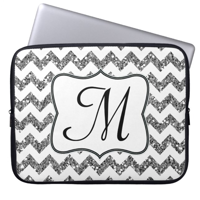 Capa Para Notebook Mala de Laptop Modern Silver Chevron Monograma de  (Frente)
