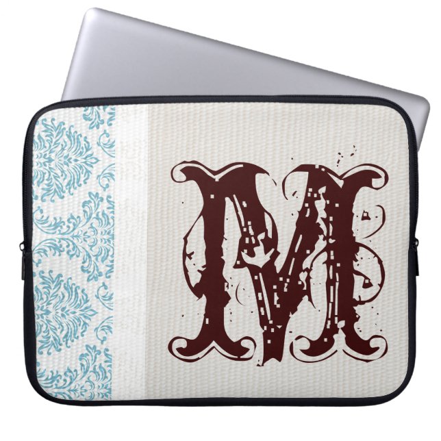 Capa Para Notebook Maleta Laptop Blue Filigree Damask Monograma 15" (Frente)