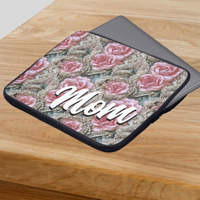 Capa Para Notebook Mamãe, Rosas metálicos e pérolas (Criador carregado)