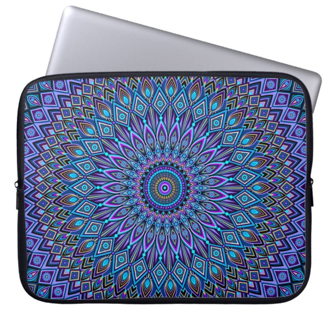 Capa Para Notebook Mandala Boho Blue Teal Purple Peacock Dourado Vibr (Frente)