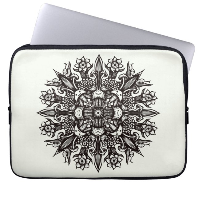 Capa Para Notebook Mandala psicodélica legal, preto e branco, trippy (Frente)
