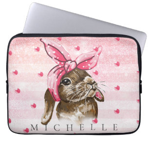 Capa Para Notebook Mão pintada de coelho com arco rosa personalizado