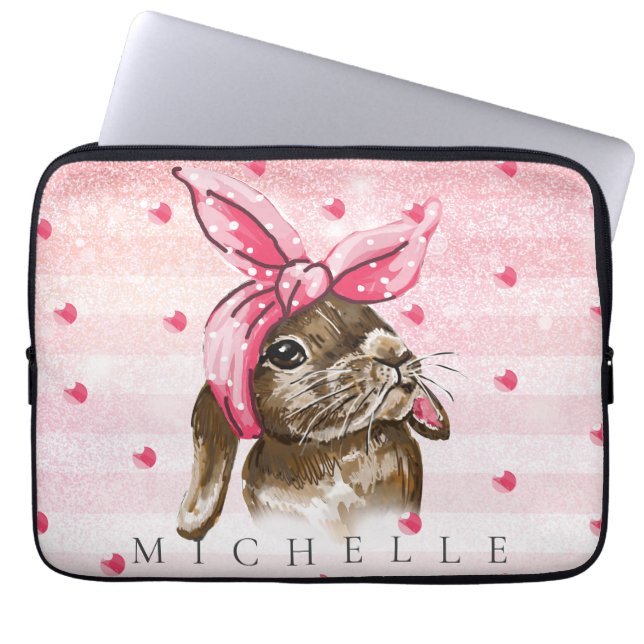 Capa Para Notebook Mão pintada de coelho com arco rosa personalizado (Frente)
