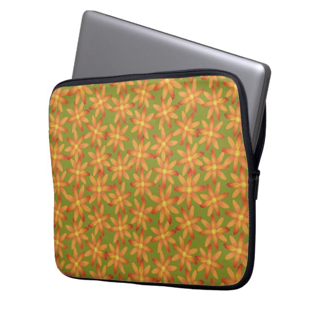 Capa Para Notebook Margarida Floral Retro Sunburst em Oliva Dourada (Frente Esquerda)