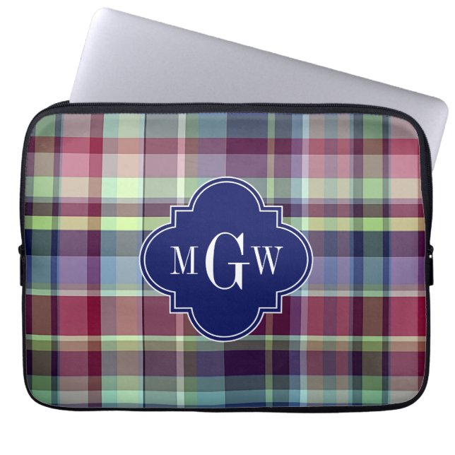 Capa Para Notebook Marinho Azul Céu Borgonha Whpreppy Madras Monogram (Frente)