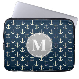 Capa Para Notebook Marinho Azul Creme Anchor Cinza Padrão Monograma