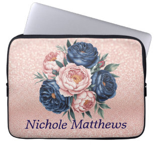 Capa Para Notebook Marinho azul e Rosa Dourado Floral