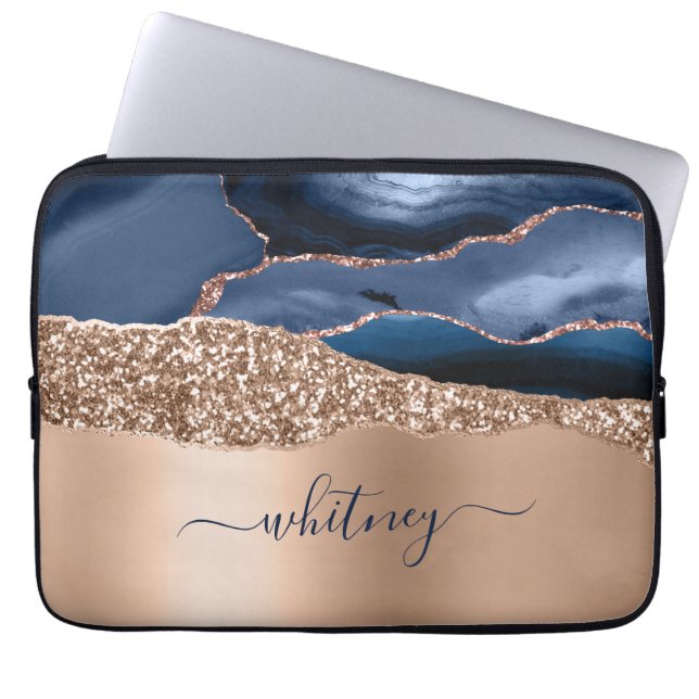 Capa Para Notebook Marinho Azul Elegante Monograma, rosa Dourado, bri (Frente)
