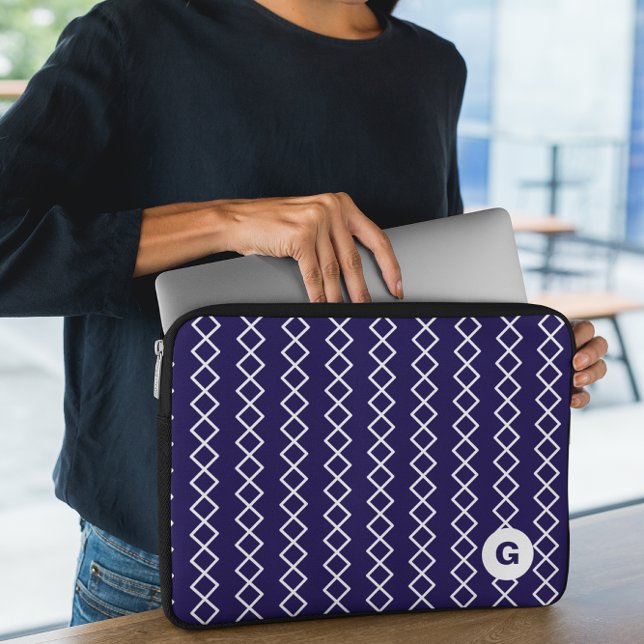 Capa Para Notebook Marinho Azul Monograma Bolsa de laptop Geométrica (Criador carregado)