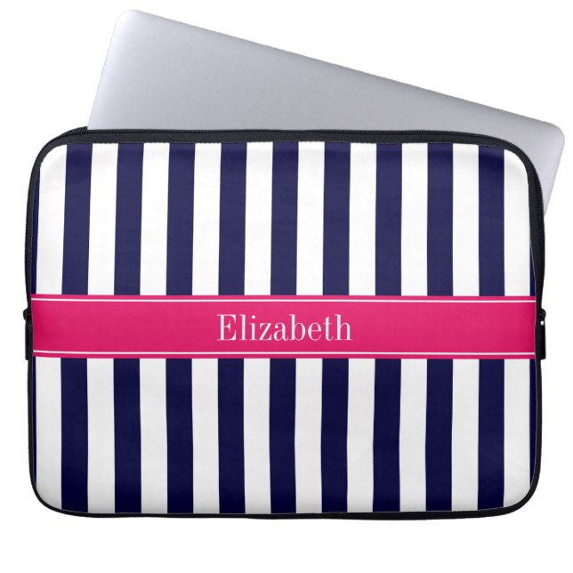Capa Para Notebook Marinho Azul Stripe Branca Nome Monograma Framboes (Frente)