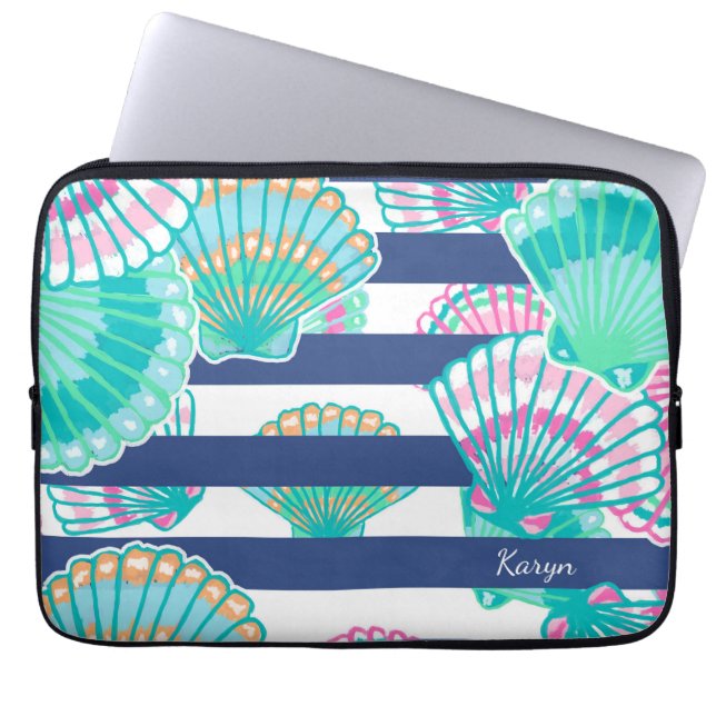 Capa Para Notebook Marinho Blue Stripe Seashell (Frente)