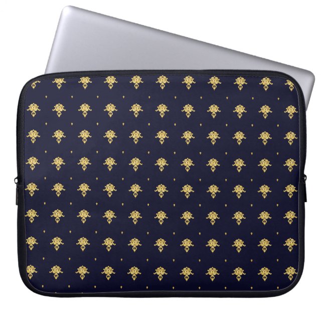 Capa Para Notebook Marinho Elegante Azul e Dourado Damasco (Frente)