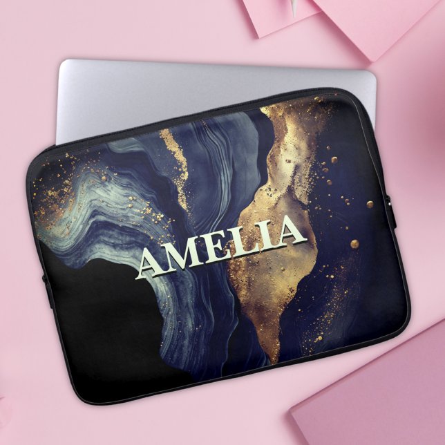 Capa Para Notebook Marinho elegante, mármore-art, dourado falso (Criador carregado)
