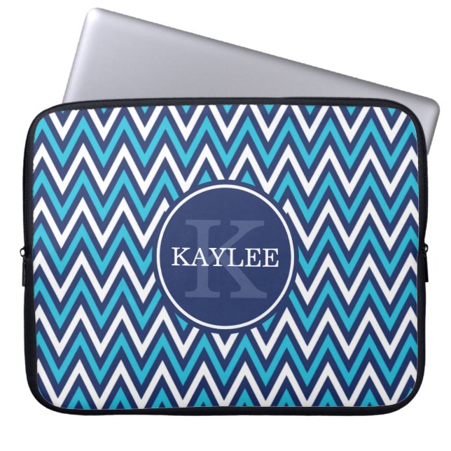Capa Para Notebook Marinho moderno Aqua Blue Chevron e Monograma (Frente)